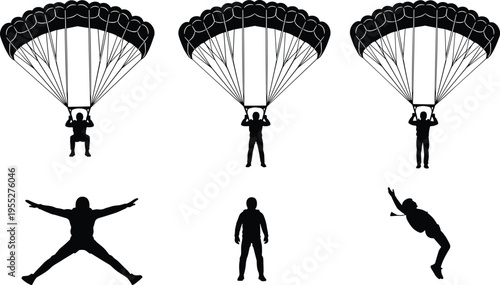 Parachute skydiving silhouettes set with landing poses and canopy views isolated vector extreme sport action collection for adventure design
