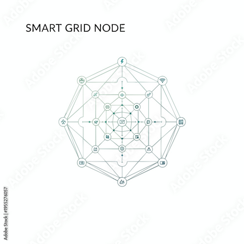 Abstract polygonal network with diverse icons representing smart grid functions