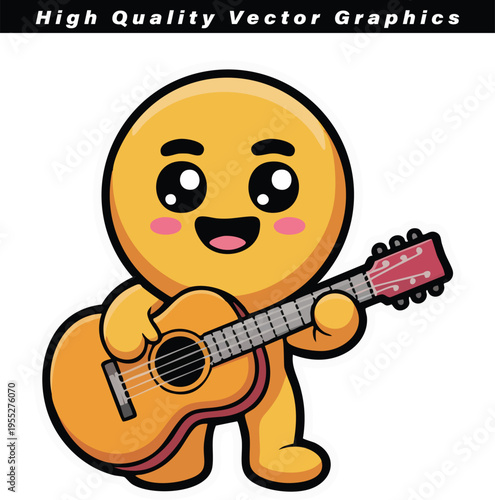 Simple yellow emoticon character happily strums an acoustic guitar with both hands, embodying joy and musical performance in a clean graphic style.