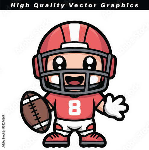 Small cartoon football player wearing a full red helmet and jersey number 8 waves his hand happily while clutching the oval shaped game ball.
