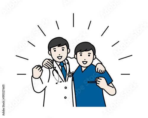 肩を組んでガッツポーズをする医師