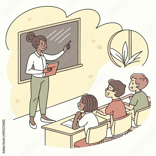 Classroom scene vector – teacher and students illustration
Teacher teaching in classroom – education vector illustration
School classroom vector – students learning with teacher flat design