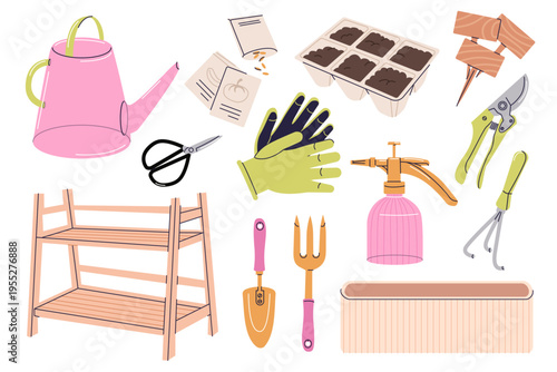 Garden tool kit. Spring season. Set of farm equipment. Сharming gardening items for plant care set. Watering can, seed kit, tray, pruning shears, sprayer, trowel, gloves, spray bottle, pruning knife,