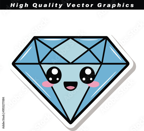 Cute cartoon diamond character with rosy cheeks and sparkling eyes is isolated on a white background, representing value and charm.