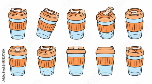 Colorful set of reusable travel cups, promoting sustainable hydration. Ideal for water, coffee, tea. An eco-friendly alternative to a disposable bottle or glass, reducing waste