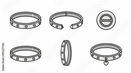 A collection of six different styles of silver bracelets, presented in an isometric view and line art illustration, showcasing unique designs and patterns