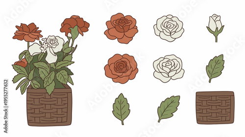 An adorable and charming flower pot illustration set with roses and leaves