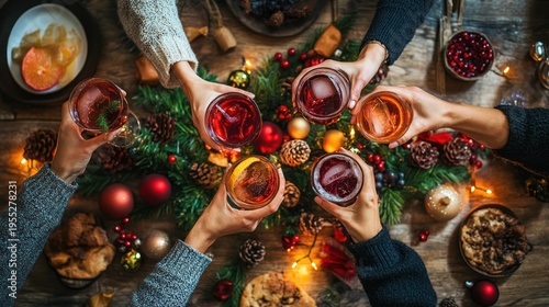 Christmas Toast Celebration with Festive Drinks and Decorations.