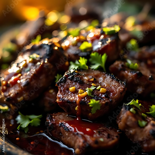 AI-Generated Caramelized Beef Bites with Spicy Glaze, Sesame and Fresh Herbs – Appetizing Grilled Meat Close-Up