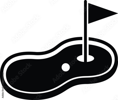 Solid silhouette golf green icon isolated on white background, professional sports course with flag and ball for tournament,