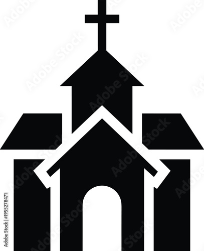 Solid silhouette church icon, black chapel building symbol for religious architecture, christian cathedral graphic isolated on white background