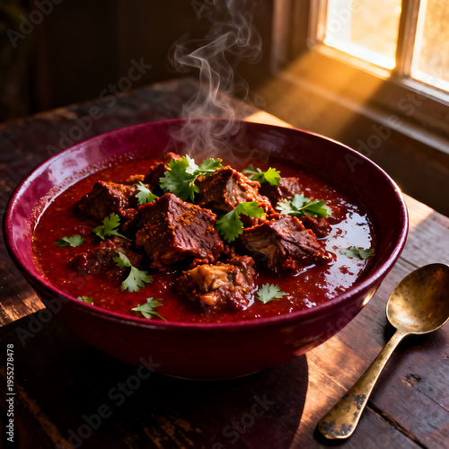 AI-Generated Spicy Beef Stew in Red Bowl with Fresh Herbs and Steam – Appetizing Food Close-Up