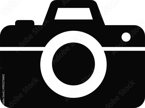 Digital photo camera icon, professional photography equipment silhouette, lens optical device vector illustration, media capture sign, creative technology symbol