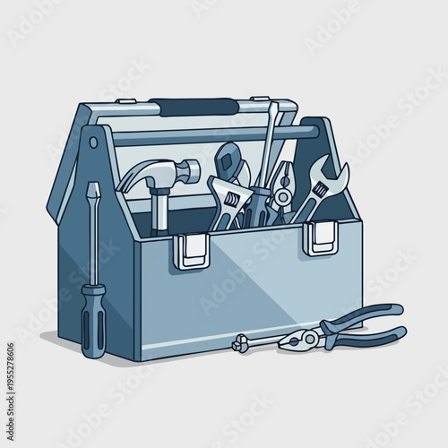 A blue toolbox with various tools inside and a pair of pliers outside