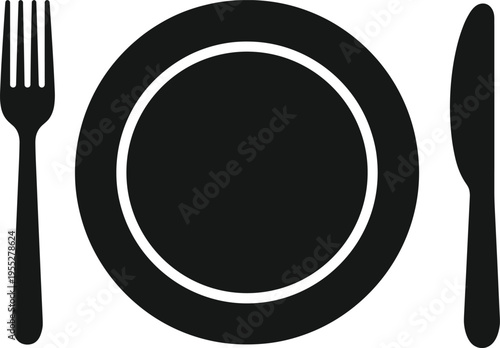 Dinner plate with fork and knife, restaurant dining icon, black silhouette cutlery symbol, kitchenware food service sign, cafe meal graphic,