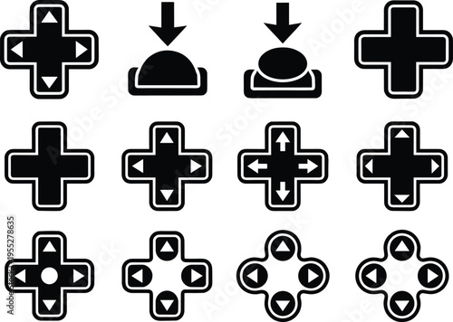 Directional dpad navigation buttons, game controller arrow icons, joystick control symbols, push button elements for gaming user interface, isolated.