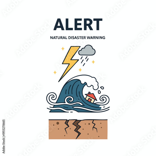 Alert Natural disaster warning with lightning, rain, giant wave, house, and earthquake