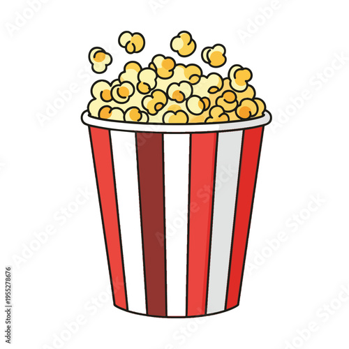 Red and white striped bucket filled with popcorn, some pieces overflowing
