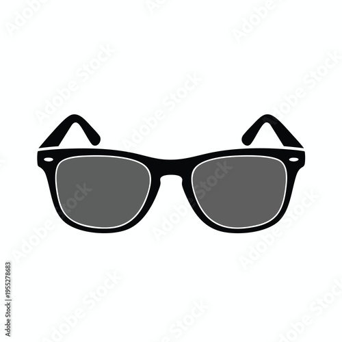 Black framed sunglasses with grey lenses, presented in a minimalist, isolated graphic