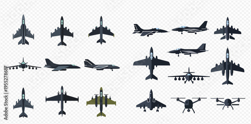 Set of military aircraft and drone icons, including fighter jets, bombers, and reconnaissance planes, in various views.