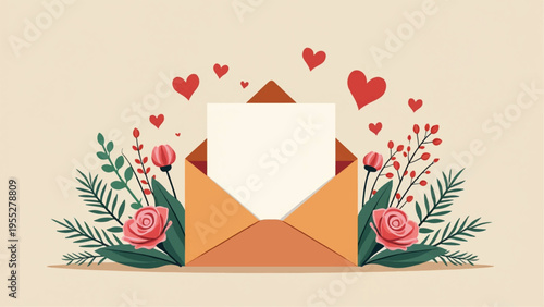 Vector Valentine's Day love letter icon with flowers and hearts