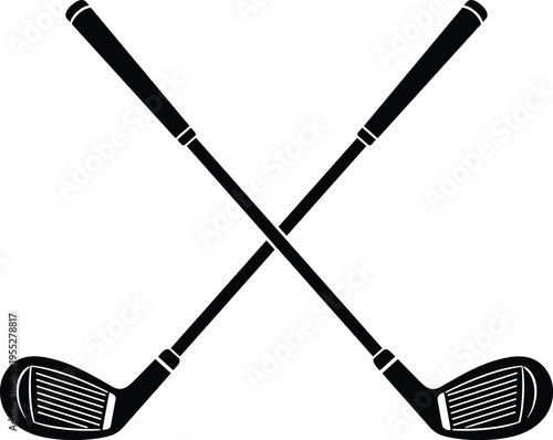 Solid silhouette vector crossed golf clubs icon, professional sports equipment for outdoor leisure game, isolated graphic illustration for athletic hobby.