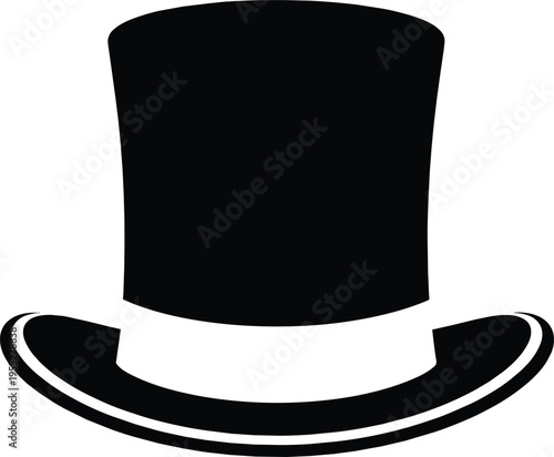 Elegant black top hat icon, classic gentleman headwear silhouette, magic show accessory, formal vintage style vector illustration isolated, attire element.