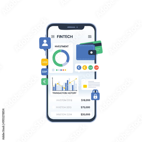 Smartphone displays financial app with investment, wallet, charts, and transaction history