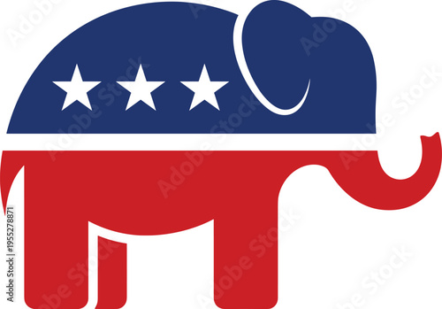 Solid silhouette vector elephant icon with stars and stripes for American political party symbol, national elections, patriotic campaign, United States government.