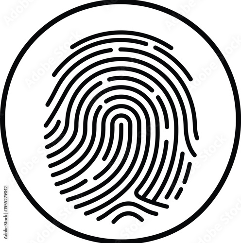 Fingerprint scanner icon, biometric security identification symbol, digital thumbprint scan vector illustration, identity verification, touch id access sensor, circle frame