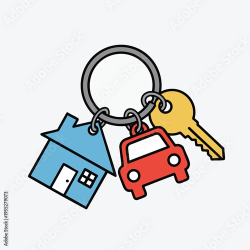 A keychain holding a blue house, red car, and yellow key charms
