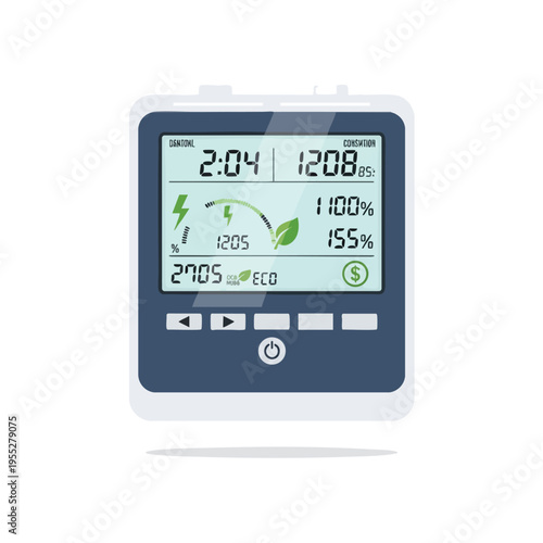 Digital meter displays time, consumption, power, and cost with eco indicators