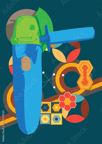 Retro 70s Background with Angle grinder. Groovy Power Tool 1970s art template. Minimalistic Vintage design poster. Old-fashioned color artwork.