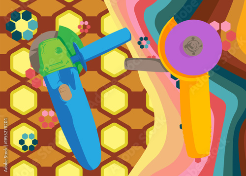 Retro 70s Background with Angle grinder. Groovy Power Tool 1970s art template. Minimalistic Vintage design poster. Old-fashioned color artwork.