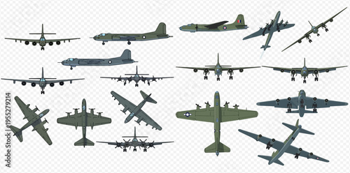 Collection of various vintage bomber airplanes from World War II era, military aircraft illustration set.