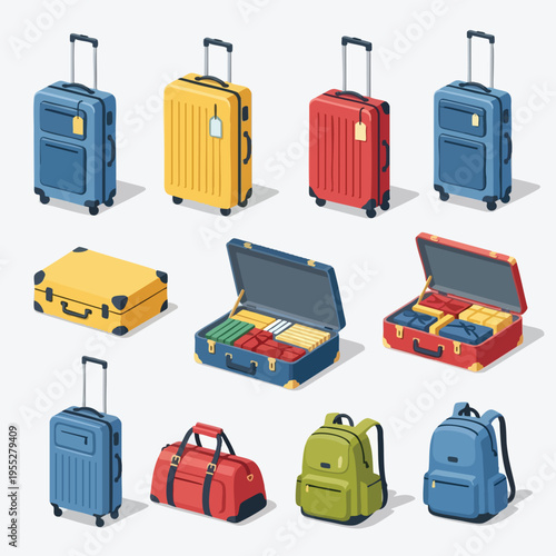 Assortment of colorful travel bags and luggage, neatly arranged on a plain background