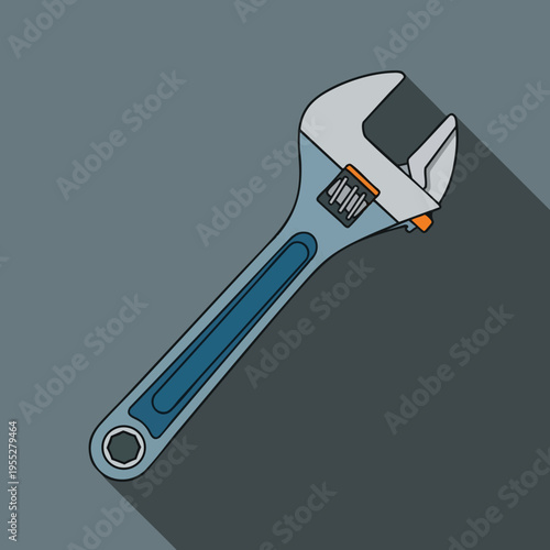 Metal adjustable wrench with blue grip and orange accents, angled, with shadow