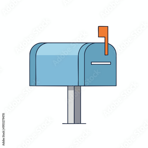 A simple, flat illustration of a light blue mailbox with an orange flag and a gray post