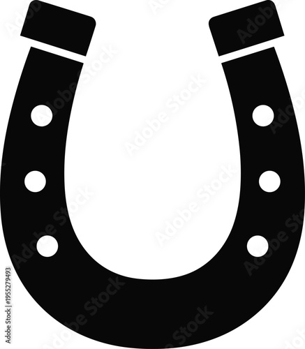 Solid silhouette vector icon of black horseshoe, lucky symbol for equestrian horse sports and ranch farm equipment, isolated on white background.