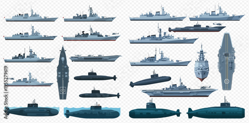 Set of various military ships, including destroyers, frigates, aircraft carriers, and submarines, in different views and angles.