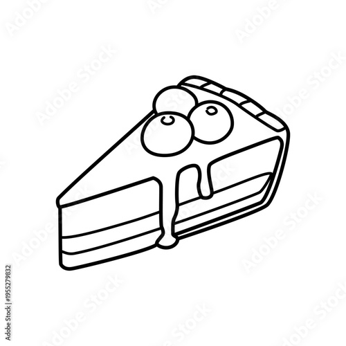 Blueberry cheesecake slice minimal line art dessert illustration - Sweet creamy cake slice with dripping topping and three blueberries in simple outline style for bakery and food concept