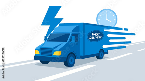 Fast Blue Delivery Truck with Lightning Bolt and Clock Illustration