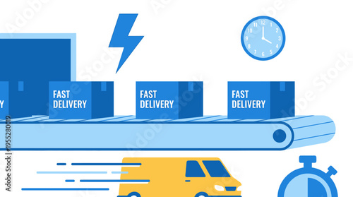 Conveyor belt with boxes, lightning, and a delivery van
