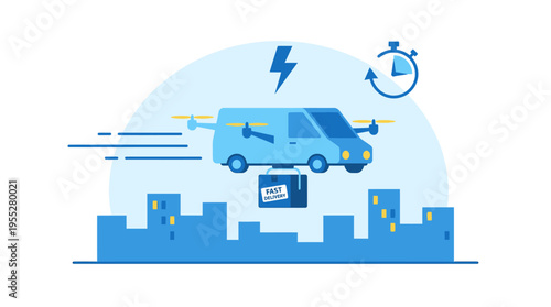 Fast drone delivery service over cityscape illustration