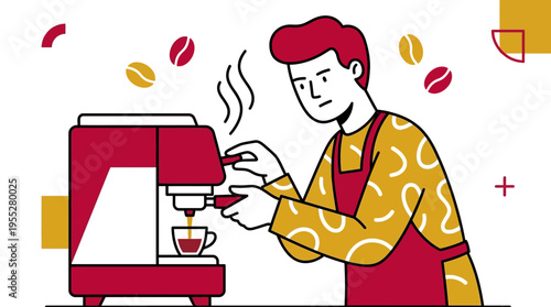 Barista Pouring Fresh Espresso from Coffee Machine, Coffee Beans Floating