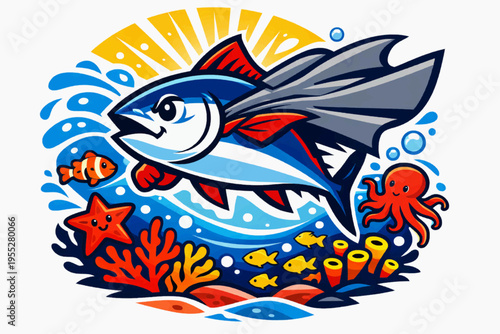 Vector illustration of a retro cartoon shark and salmon swimming underwater in the blue sea nature wildlife art design