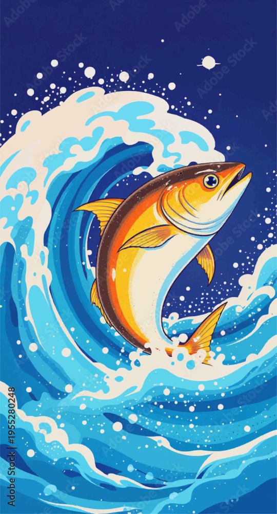 Fototapeta premium Blue ocean wave pattern featuring a cartoon fish illustration and summer sun element in a nature vector art design