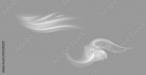 Airflow, white fumes or chilly breeze movement effect, isolated on a transparent background. Realistic vector depiction of abstract wind currents