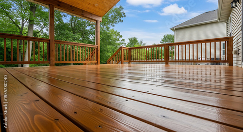 Gleaming wooden deck freshly treated with a protective stain, showcasing its rich brown hue and inviting outdoor living space under a bright blue sky