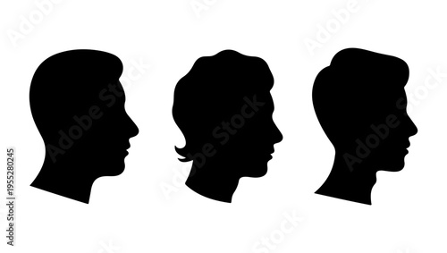Silhouettes of three faces in profile showcasing different hairstyles and features